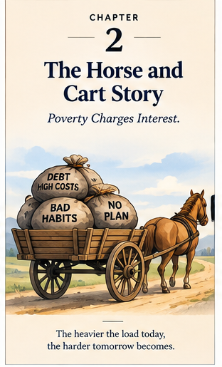 Chapter 2 illustration: a horse behind a cart loaded with debt, high costs, bad habits and no plan